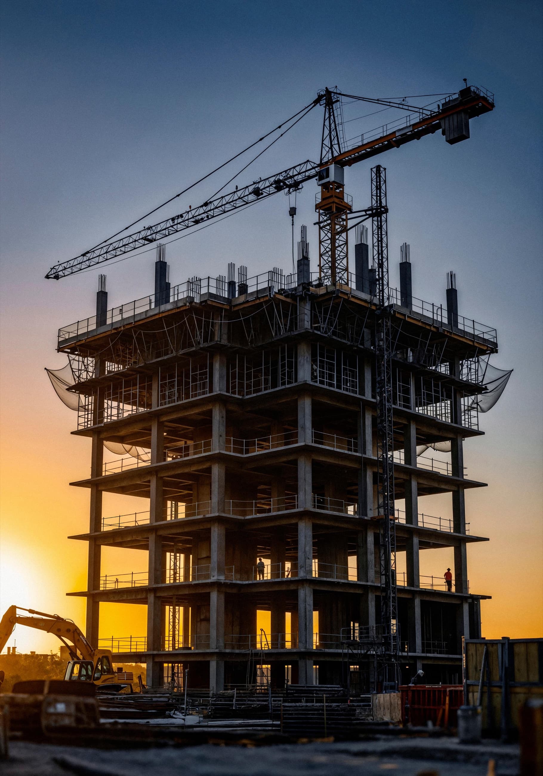 Tower crane over a high-rise construction site at sunset