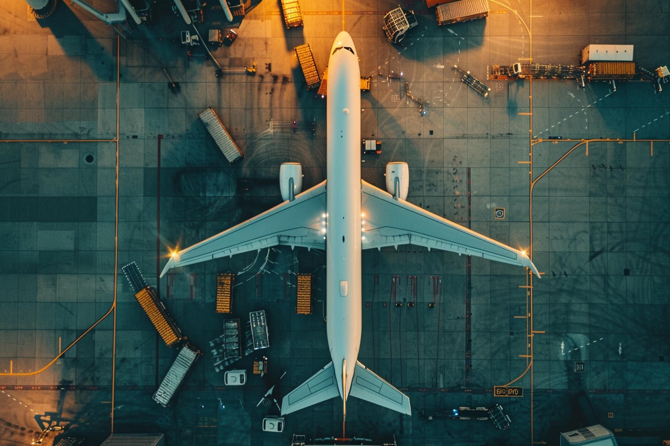 Aerial view of a cargo aircraft on an airport apron at dusk