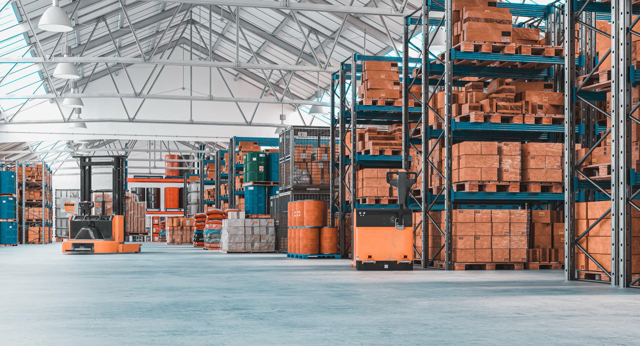 Warehouse aisles stacked with palletised goods
