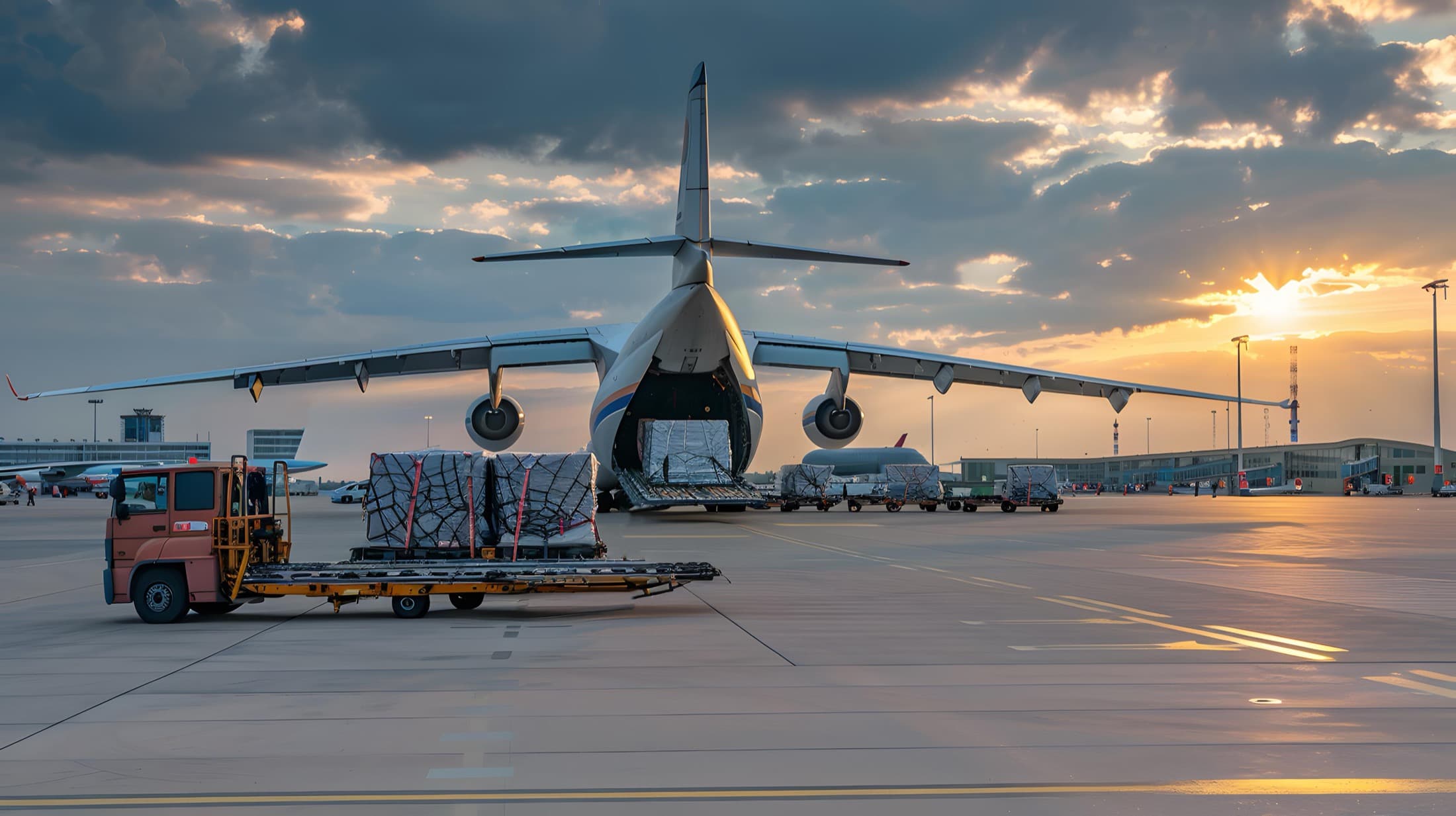 Cargo aircraft being loaded with freight on the apron at sunset