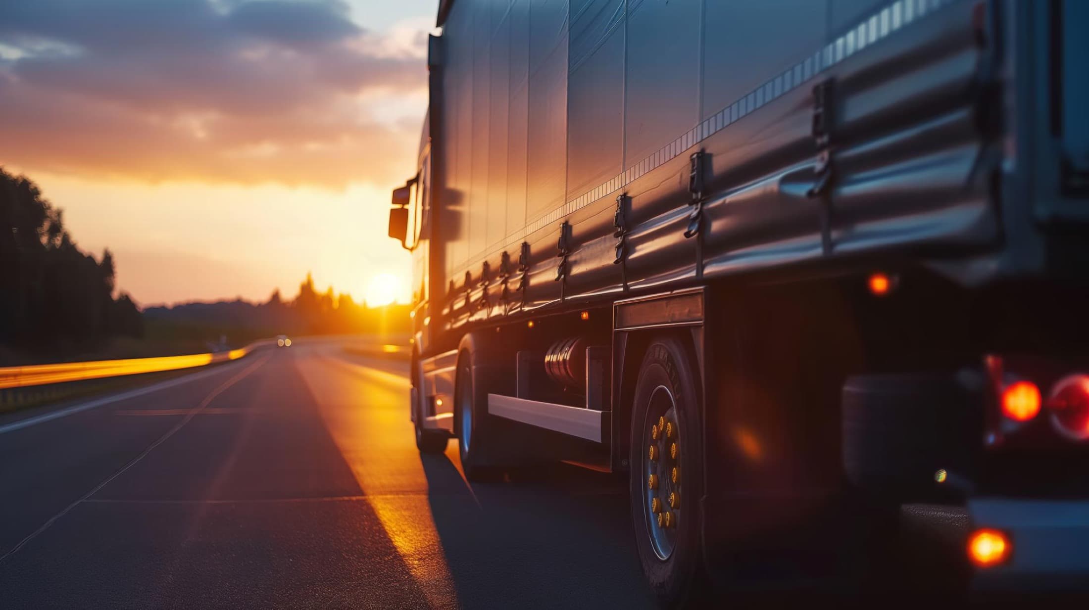 Haulage truck on the highway at sunset
