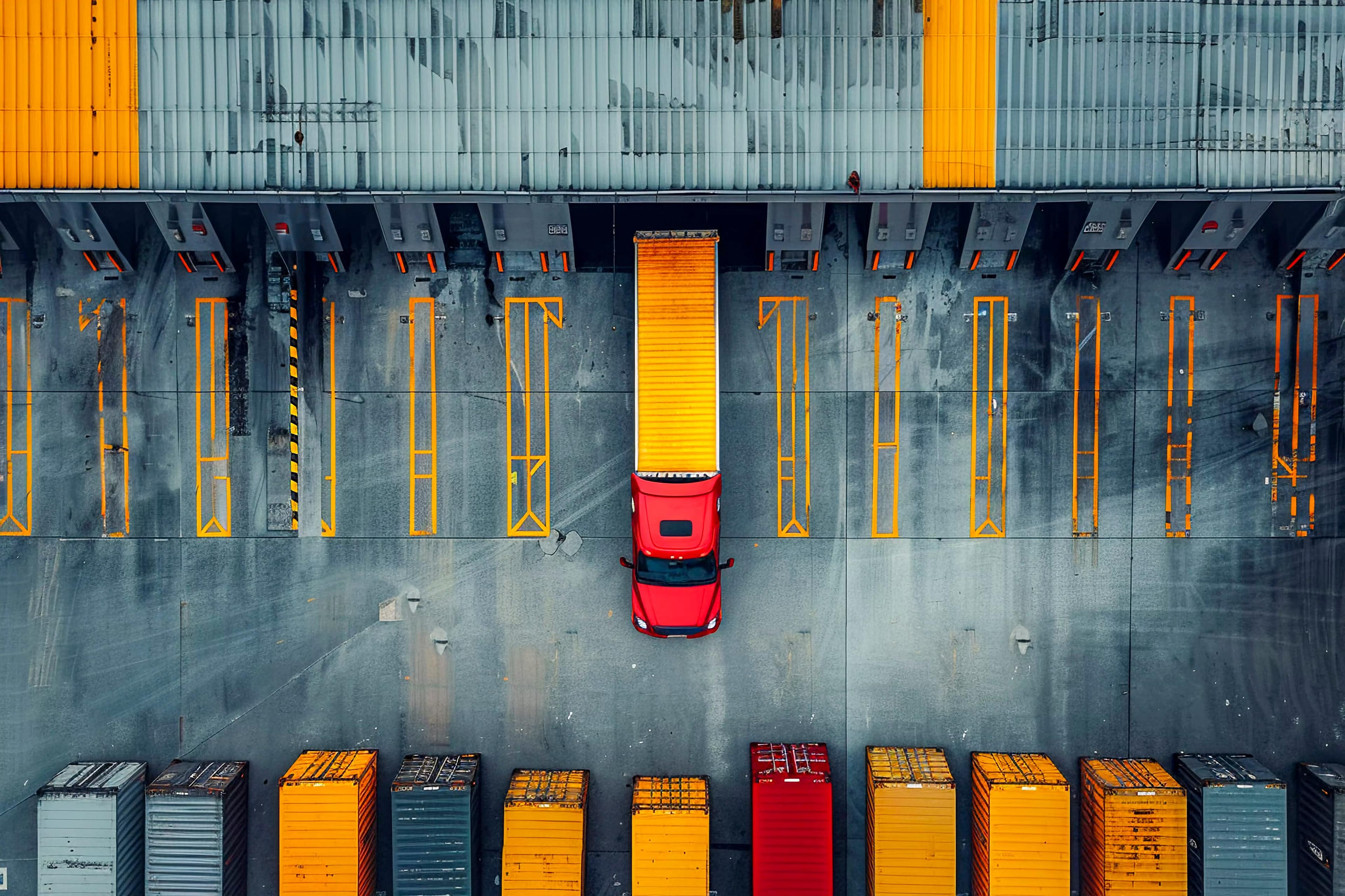 Aerial view of trucks at a logistics yard